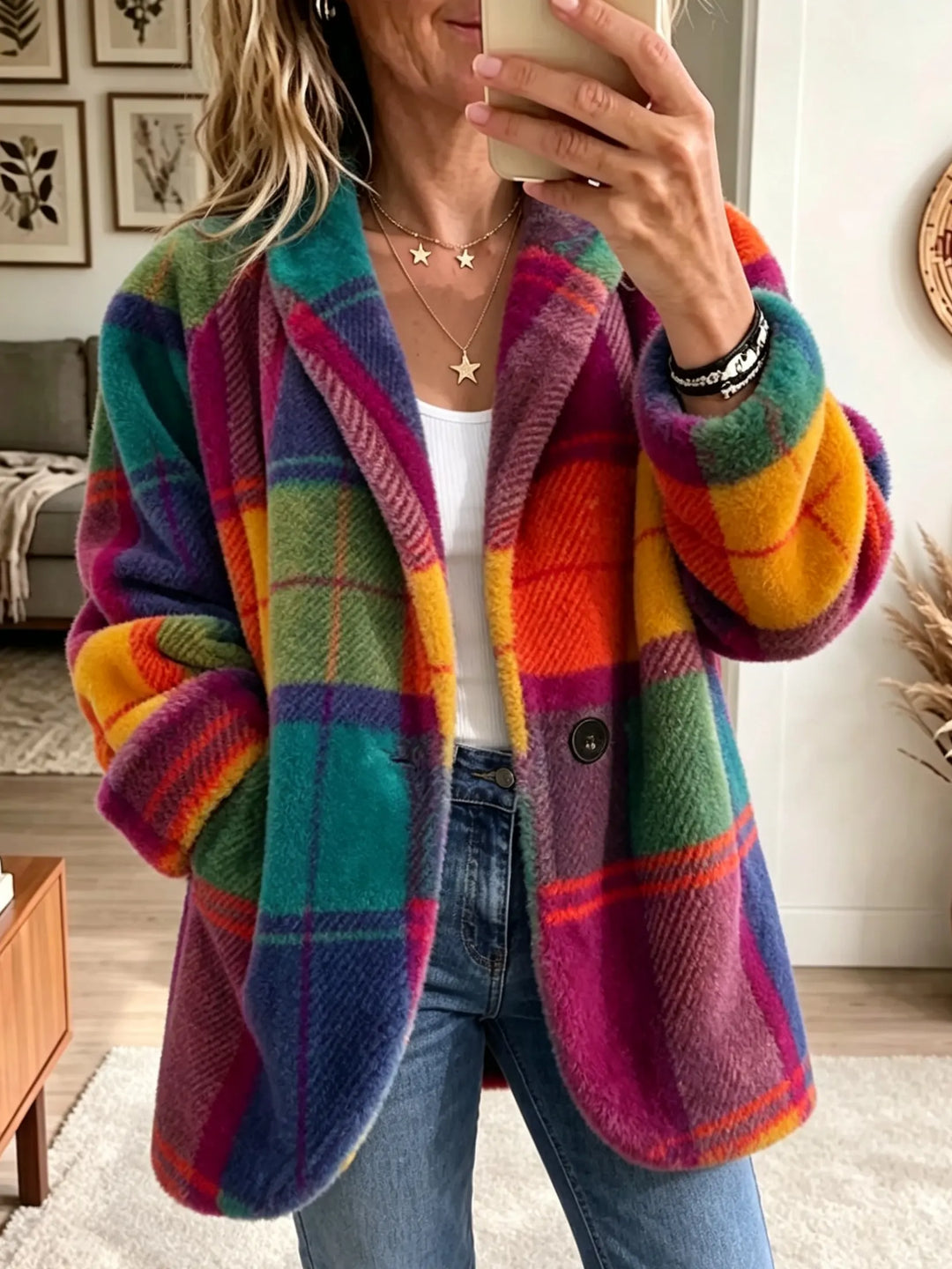 Plaid Puffer Coat for Winter in Rainbow