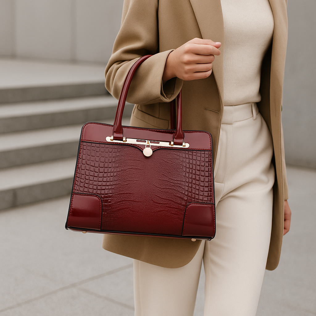 Polished Croc-Effect Tote Bag with Gold Hardware (7)