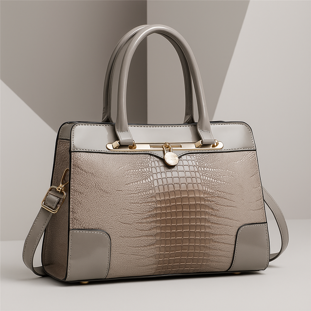Polished Croc-Effect Tote Bag with Gold Hardware in Beige