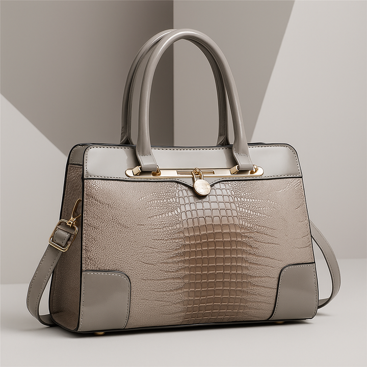 Polished Croc-Effect Tote Bag with Gold Hardware in Beige