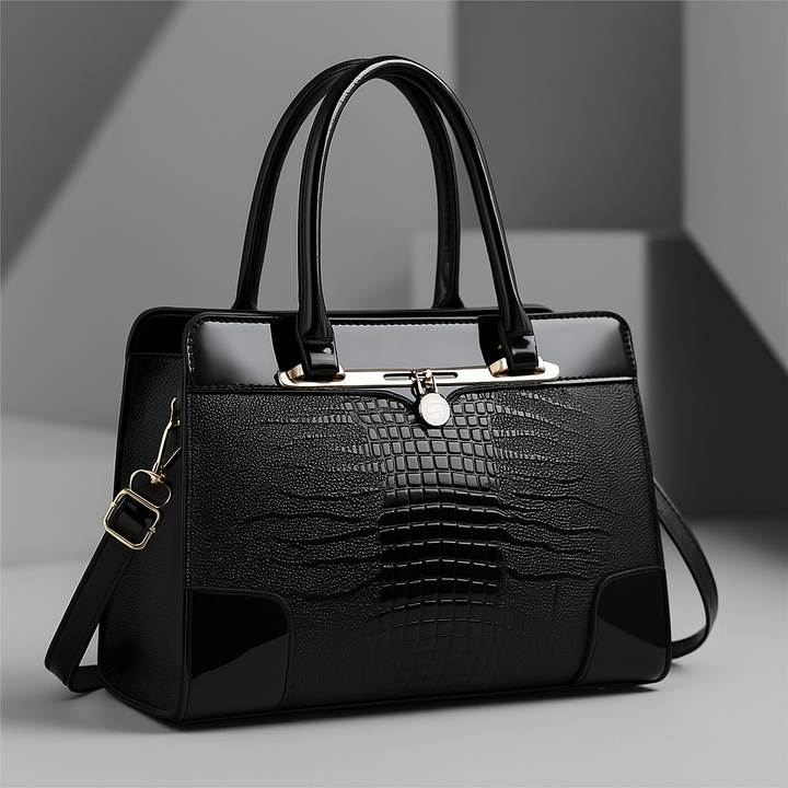 Polished Croc-Effect Tote Bag with Gold Hardware in Black (Almost sold out)