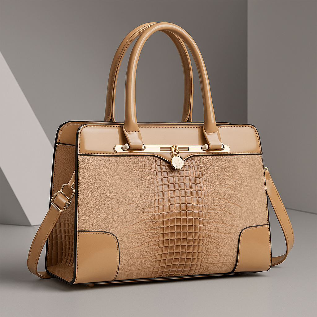 Polished Croc-Effect Tote Bag with Gold Hardware in Brown (Almost sold out)