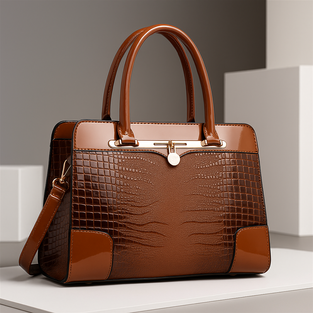 Polished Croc-Effect Tote Bag with Gold Hardware in Dark Brown