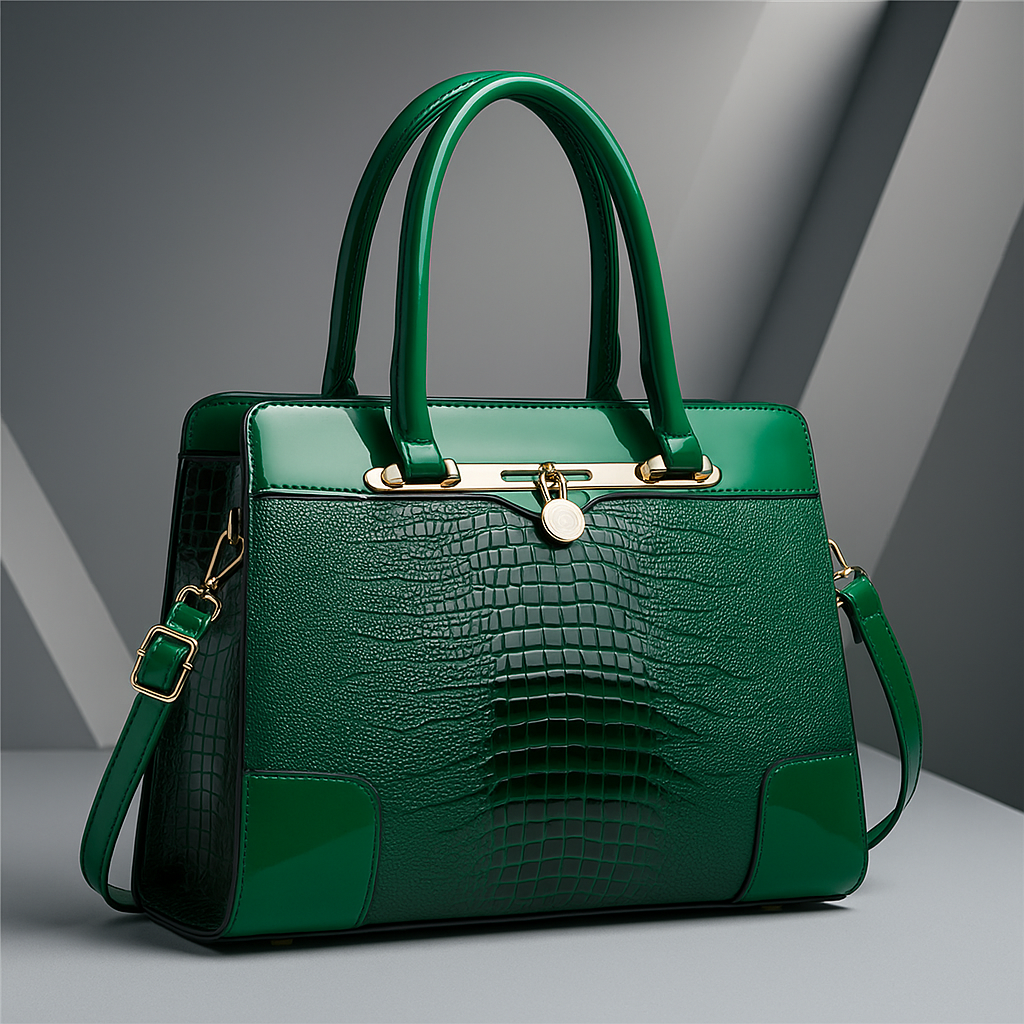 Polished Croc-Effect Tote Bag with Gold Hardware in Green