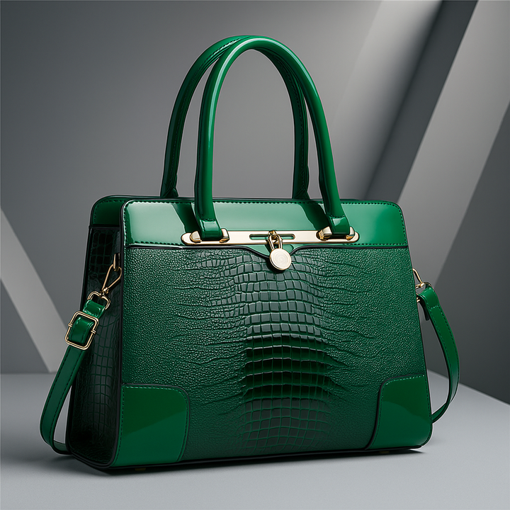 Polished Croc-Effect Tote Bag with Gold Hardware in Green
