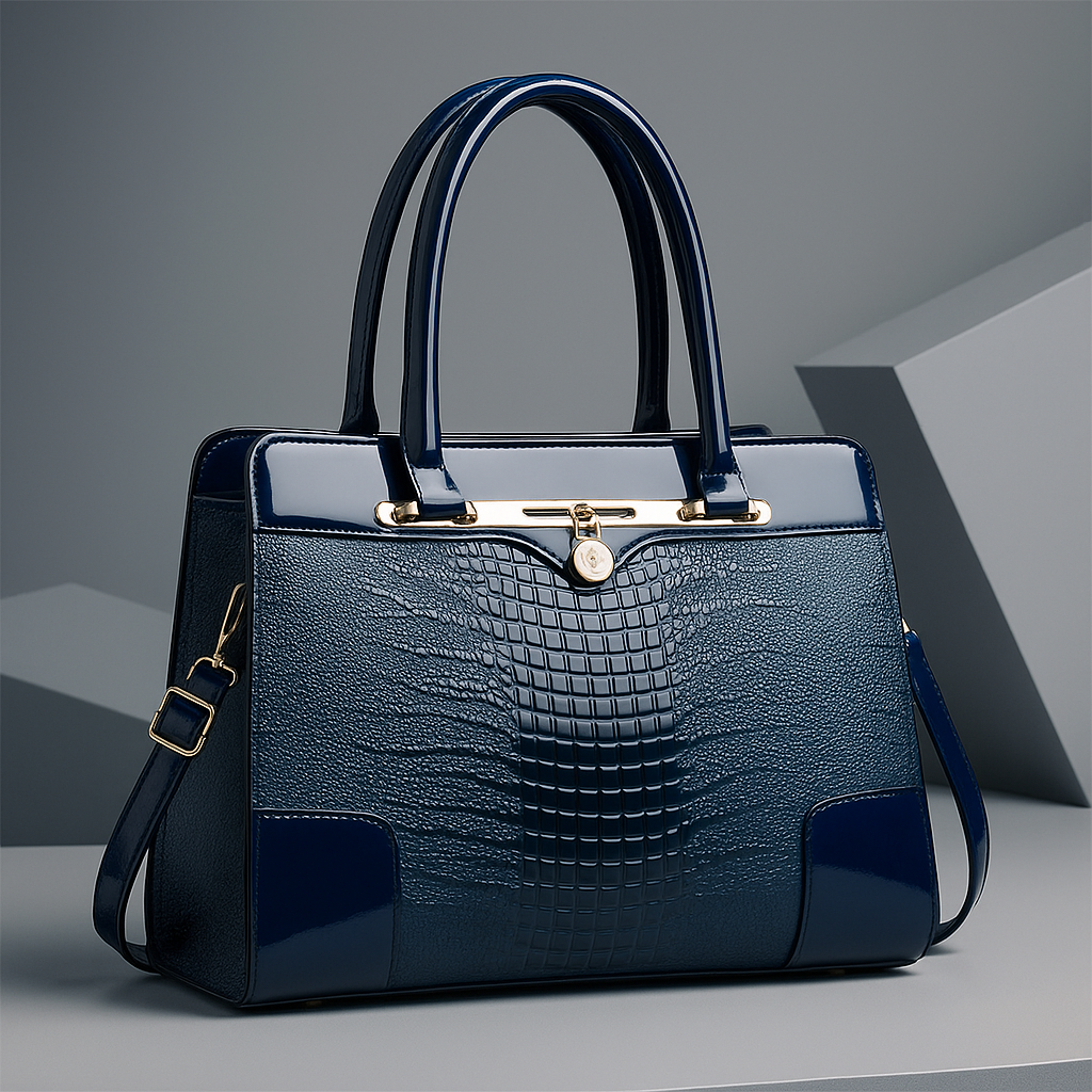 Polished Croc-Effect Tote Bag with Gold Hardware in Navy Blue (Almost sold out)