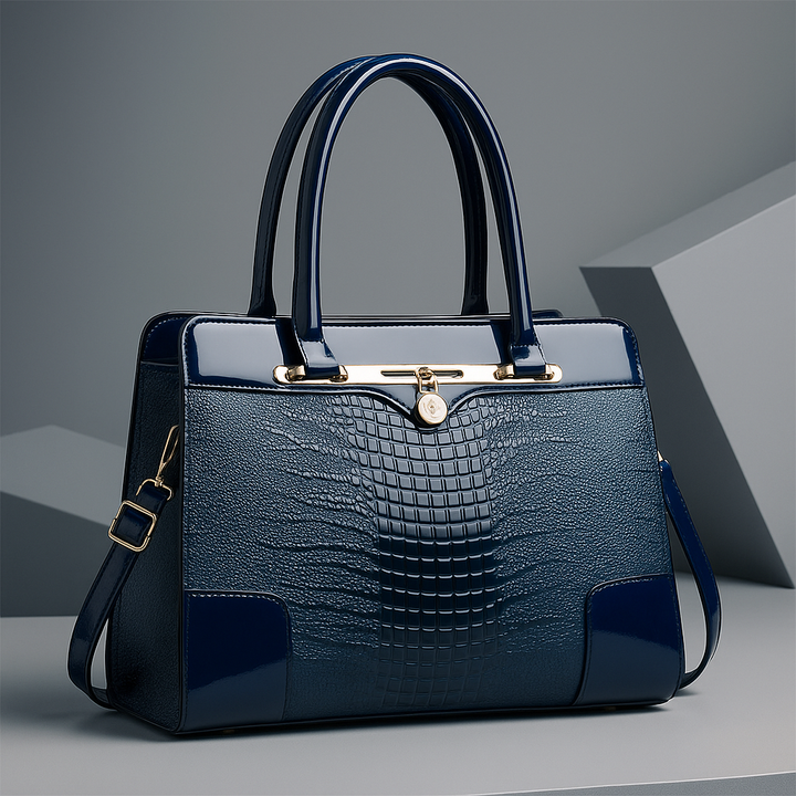 Polished Croc-Effect Tote Bag with Gold Hardware in Navy Blue (Almost sold out)