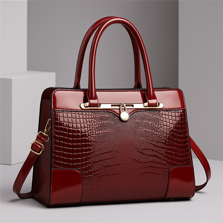Polished Croc-Effect Tote Bag with Gold Hardware in Red