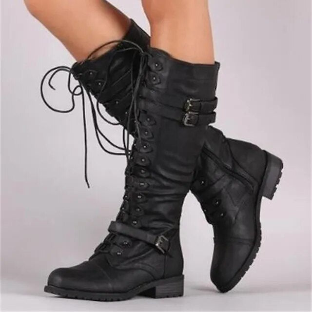 Retro Women's Boots Lace-Up for Autumn in Black