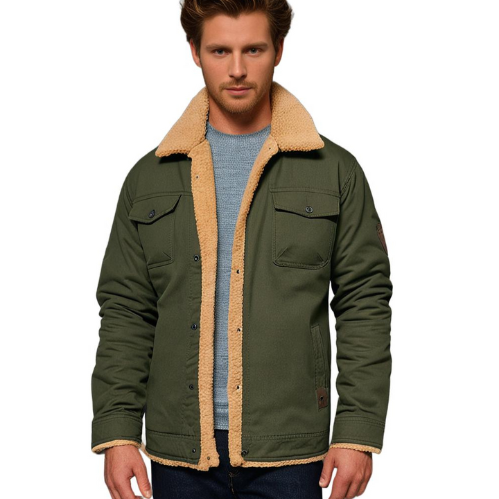 Sherpa-Lined Men's Winter Jacket for Cold Days in Army Green 2