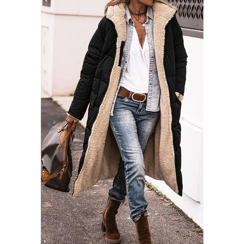 Sherpa-Lined Women's Puffer Jacket for Winter in Black