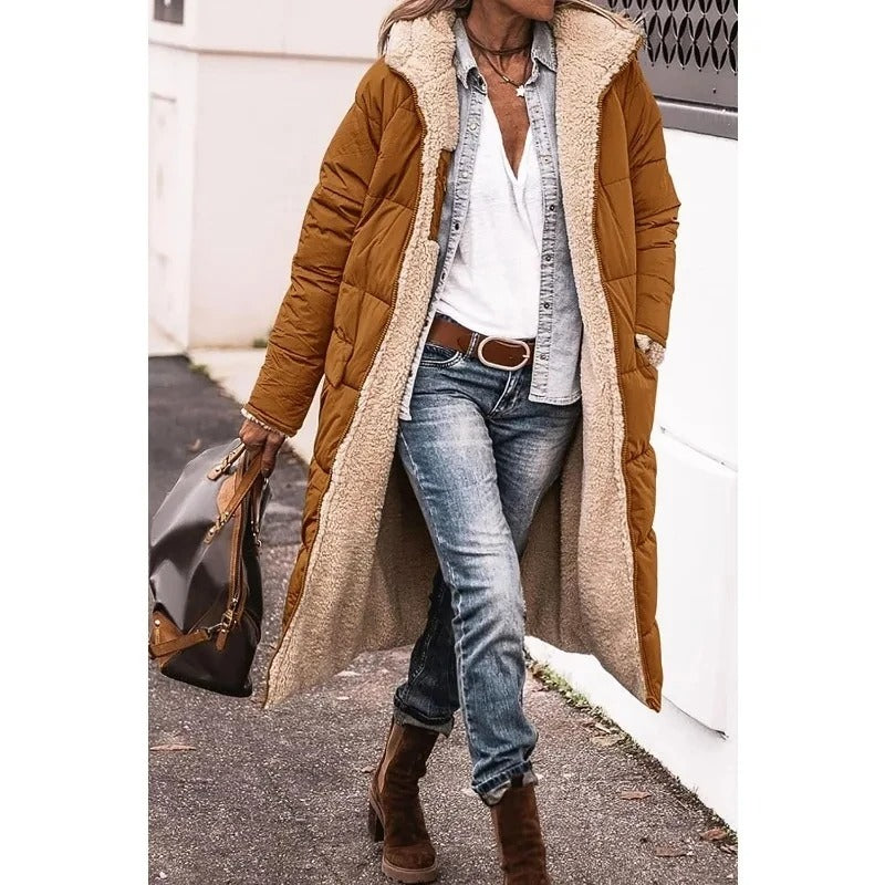 Sherpa-Lined Women's Puffer Jacket for Winter in Brown
