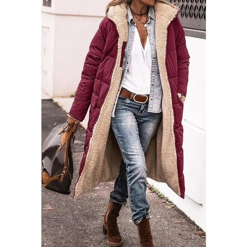 Sherpa-Lined Women's Puffer Jacket for Winter in Burgundy