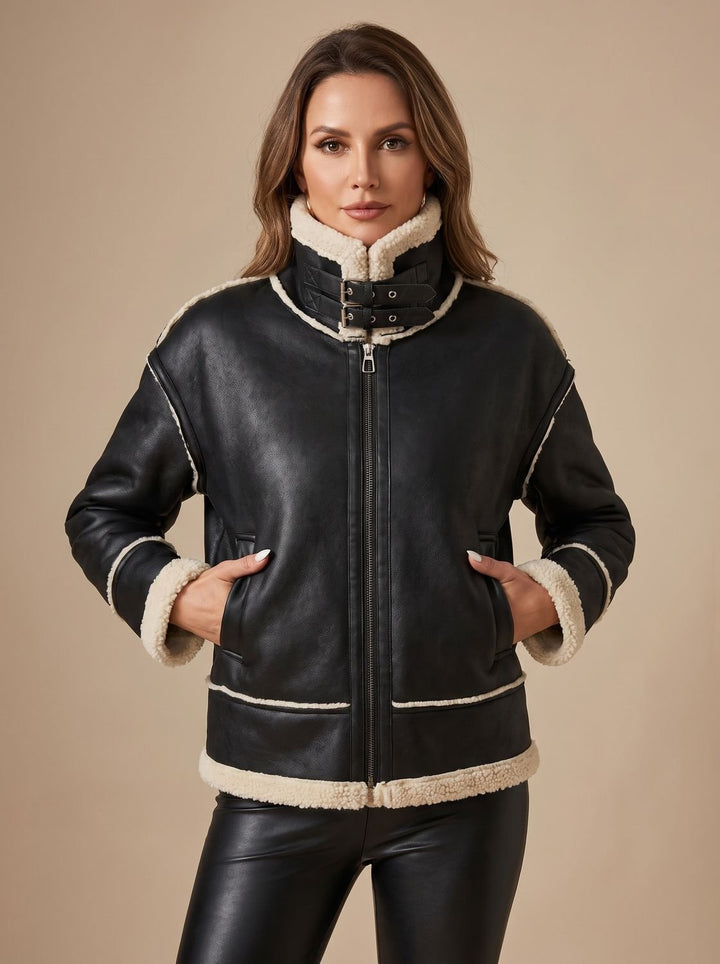 Sherpa-Lined Women's Winter Coat with Faux Leather in Black 2