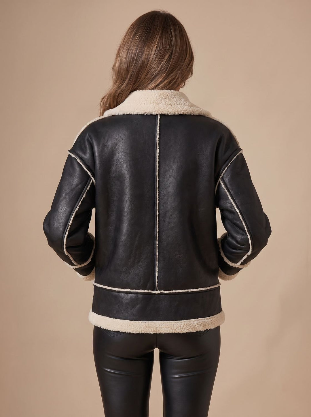 Sherpa-Lined Women's Winter Coat with Faux Leather in Black 3