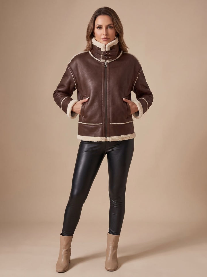 Sherpa-Lined Women's Winter Coat with Faux Leather in Black 4