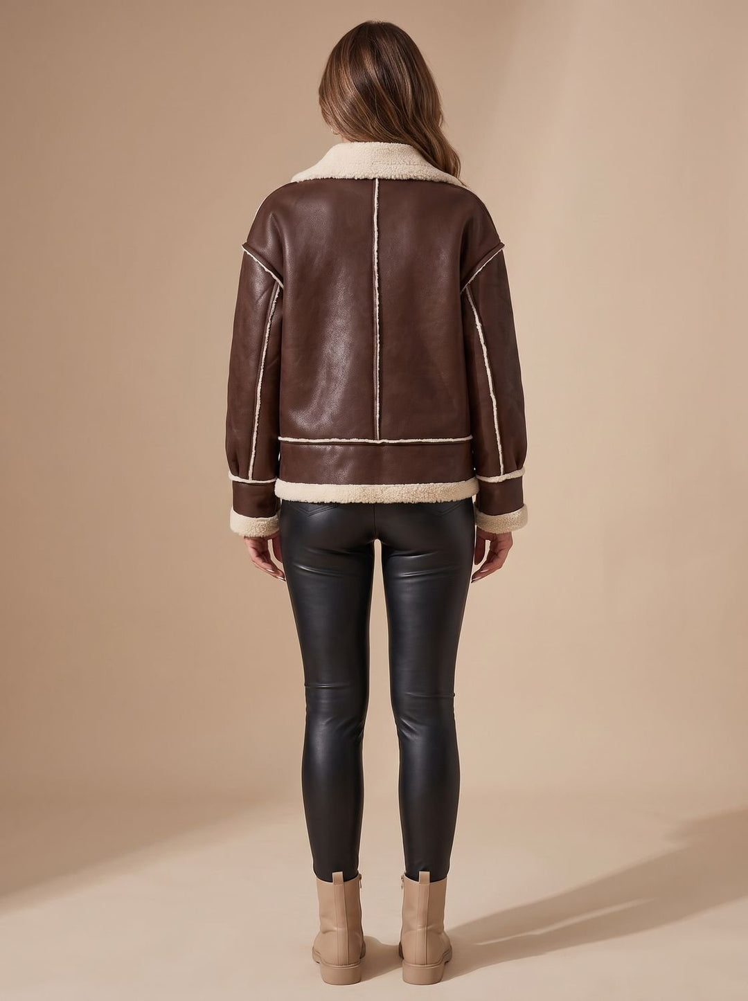 Sherpa-Lined Women's Winter Coat with Faux Leather in Black 5