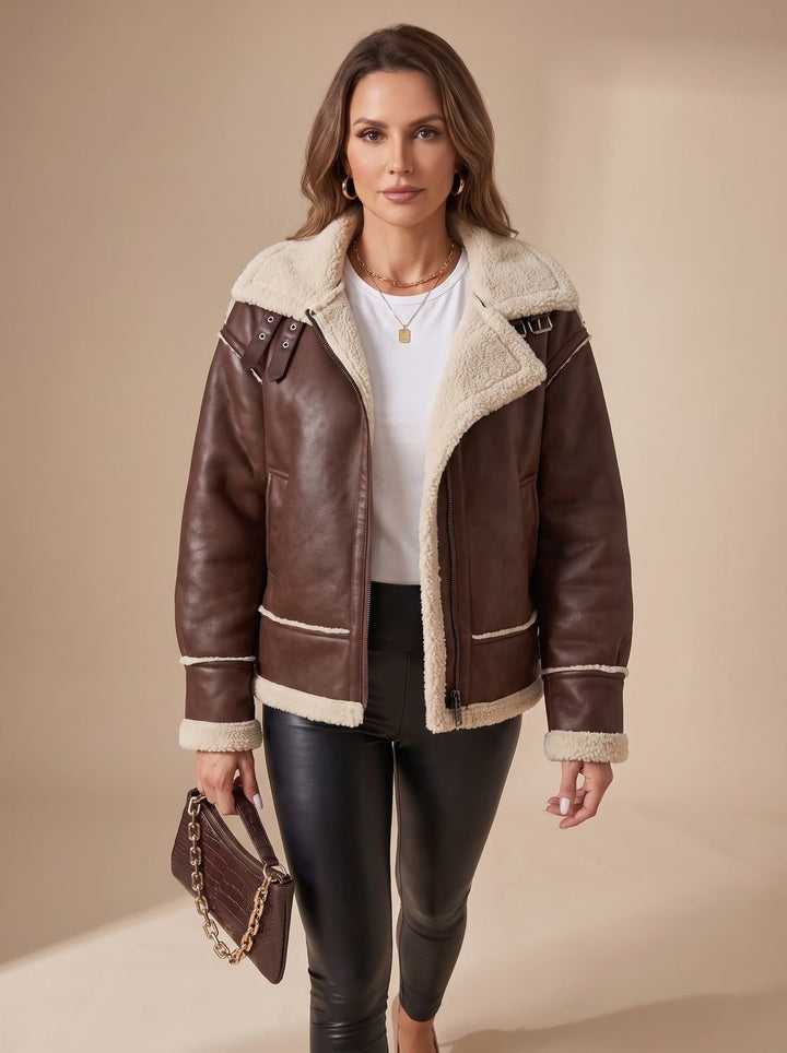 Sherpa-Lined Women's Winter Coat with Faux Leather in Black 6