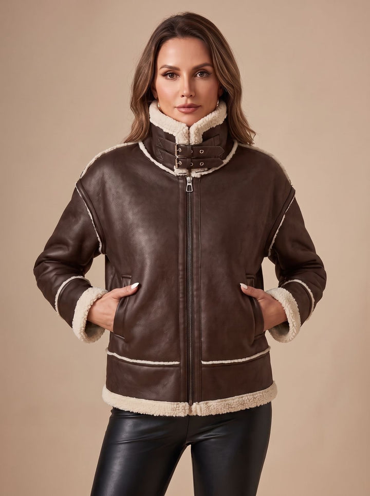 Sherpa-Lined Women's Winter Coat with Faux Leather in Brown