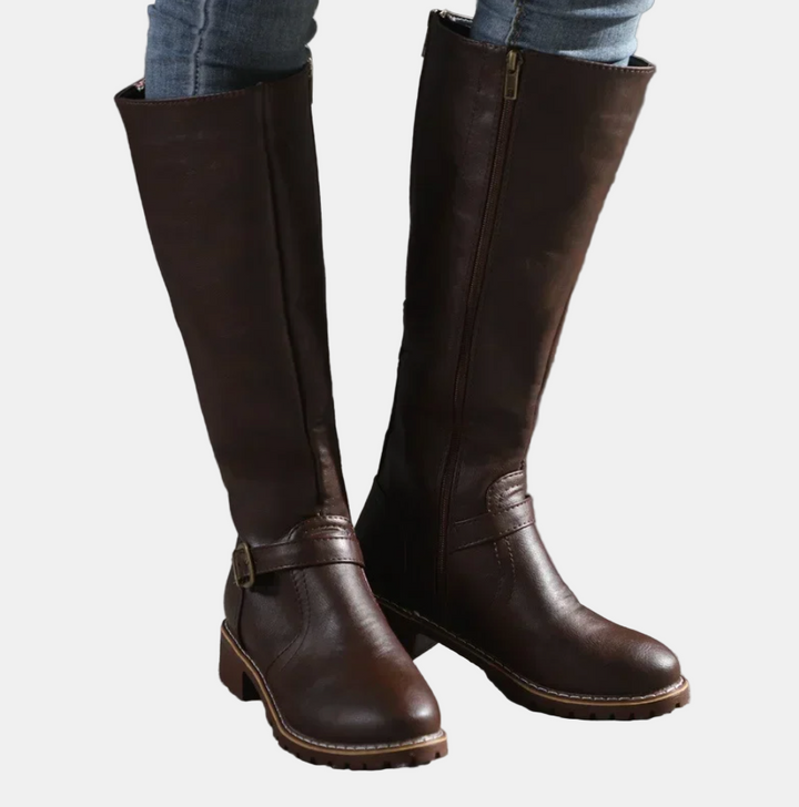 Slim Black Knee High Boots for Women in Dark Brown