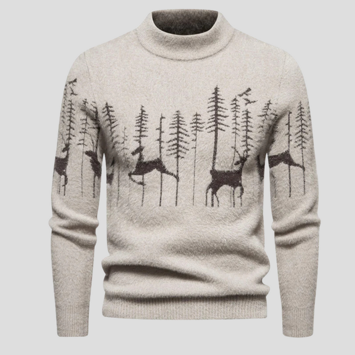 Soft Mens Jumper with Festive Woodland Motif in Beige