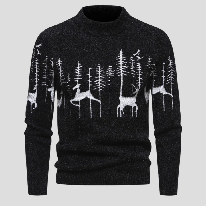Soft Mens Jumper with Festive Woodland Motif in Black