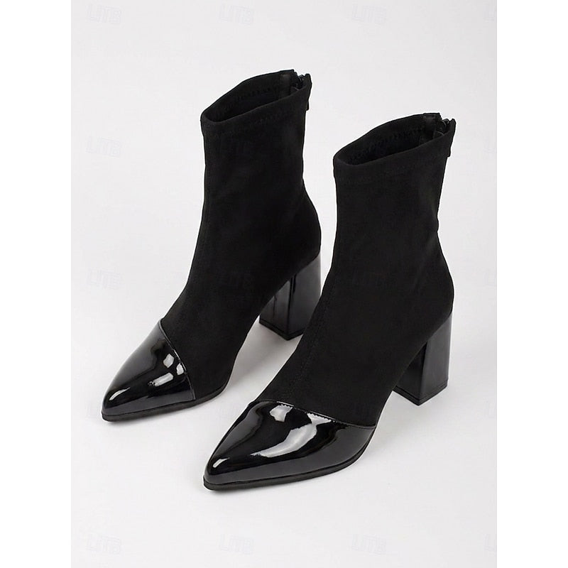 Stretch-Fit Women's Ankle Boots with Block Heel in Black