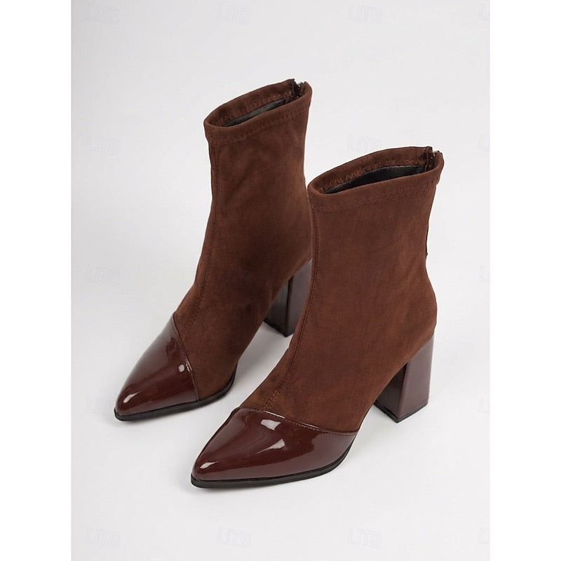 Stretch-Fit Women's Ankle Boots with Block Heel in Brown