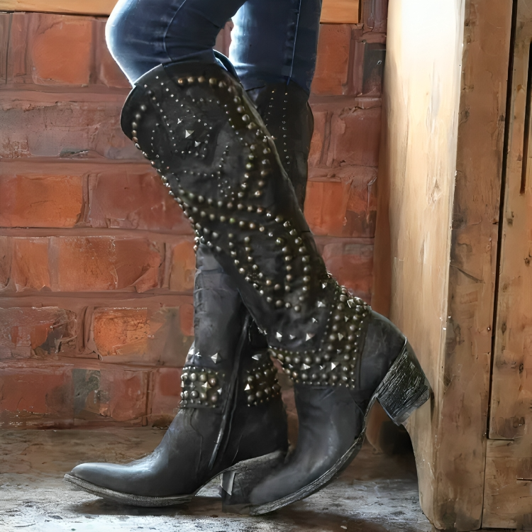 Studded Pointed-Toe Knee-High Boots for Women in Black