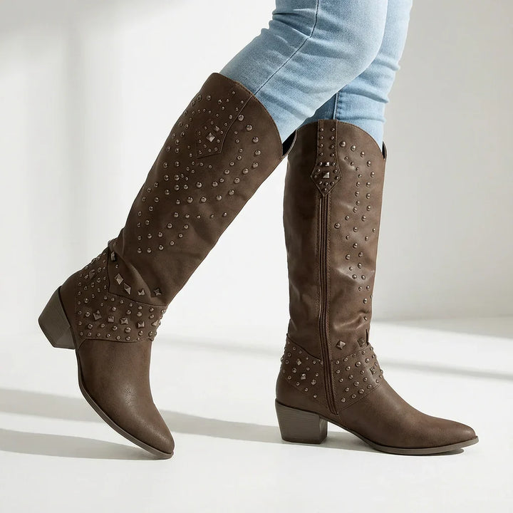 Studded Pointed-Toe Knee-High Boots for Women in Brown