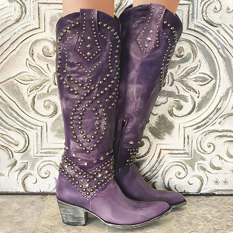 Studded Pointed-Toe Knee-High Boots for Women in Purple