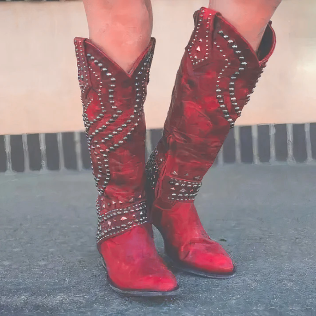 Studded Pointed-Toe Knee-High Boots for Women in Red