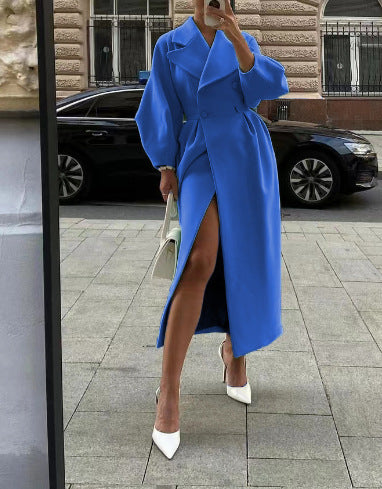Tailored Wool Trench Coat Women for Winter in Dark Blue