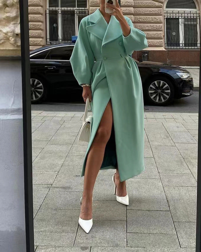 Tailored Wool Trench Coat Women for Winter in Sage Green