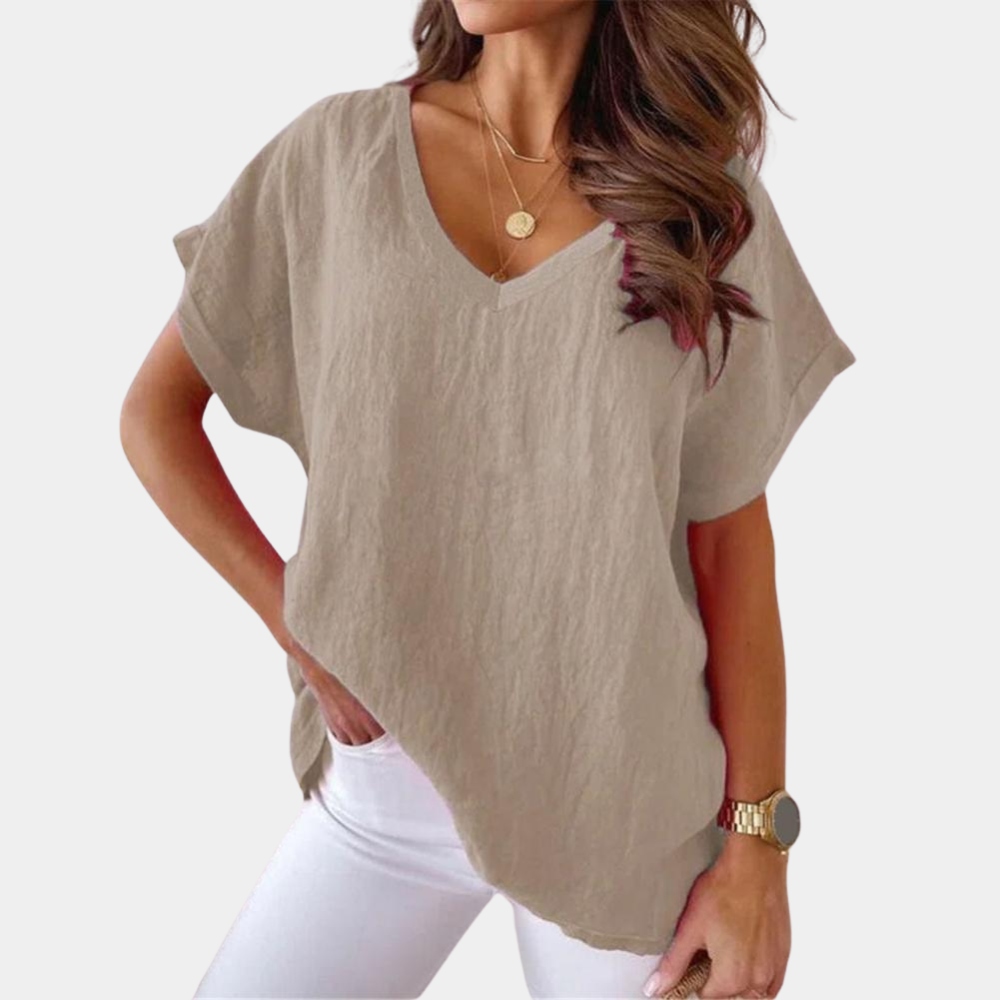 V-Ausschnitt-Leinenbluse mit lockerer Passform Mailin w kolorze Khaki 1
