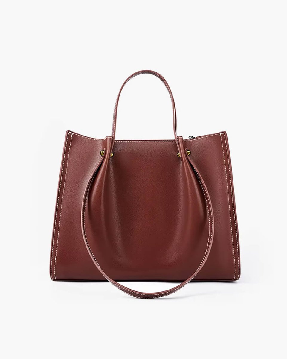 Vegan Leather Contrast-Stitch Structured Tote w kolorze Brązowy