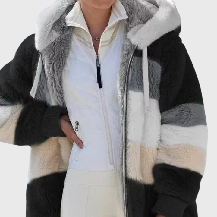 Warm Women's Coats Fleece Puffer Jacket for Autumn in Black Stripes