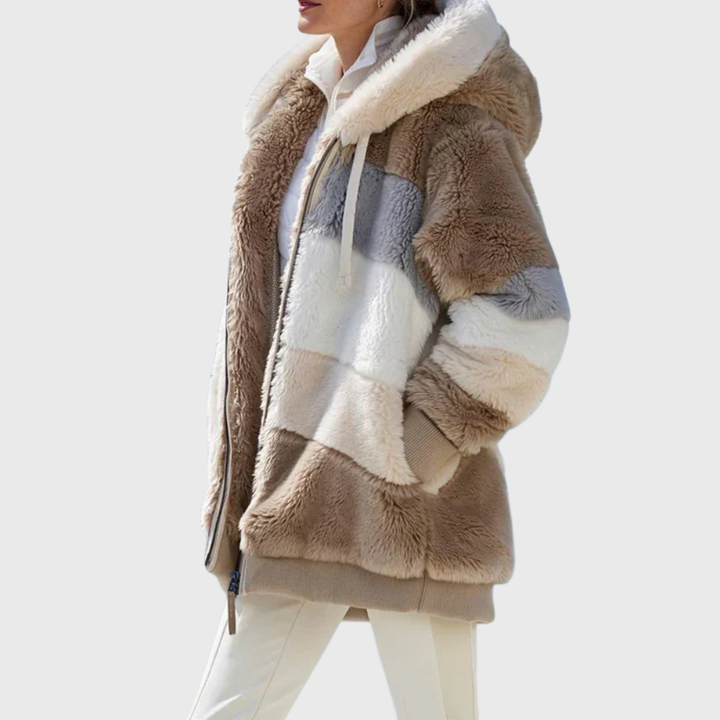 Warm Women's Coats Fleece Puffer Jacket for Autumn in Brown Stripes