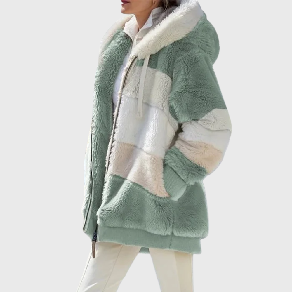 Warm Women's Coats Fleece Puffer Jacket for Autumn in Green Stripes