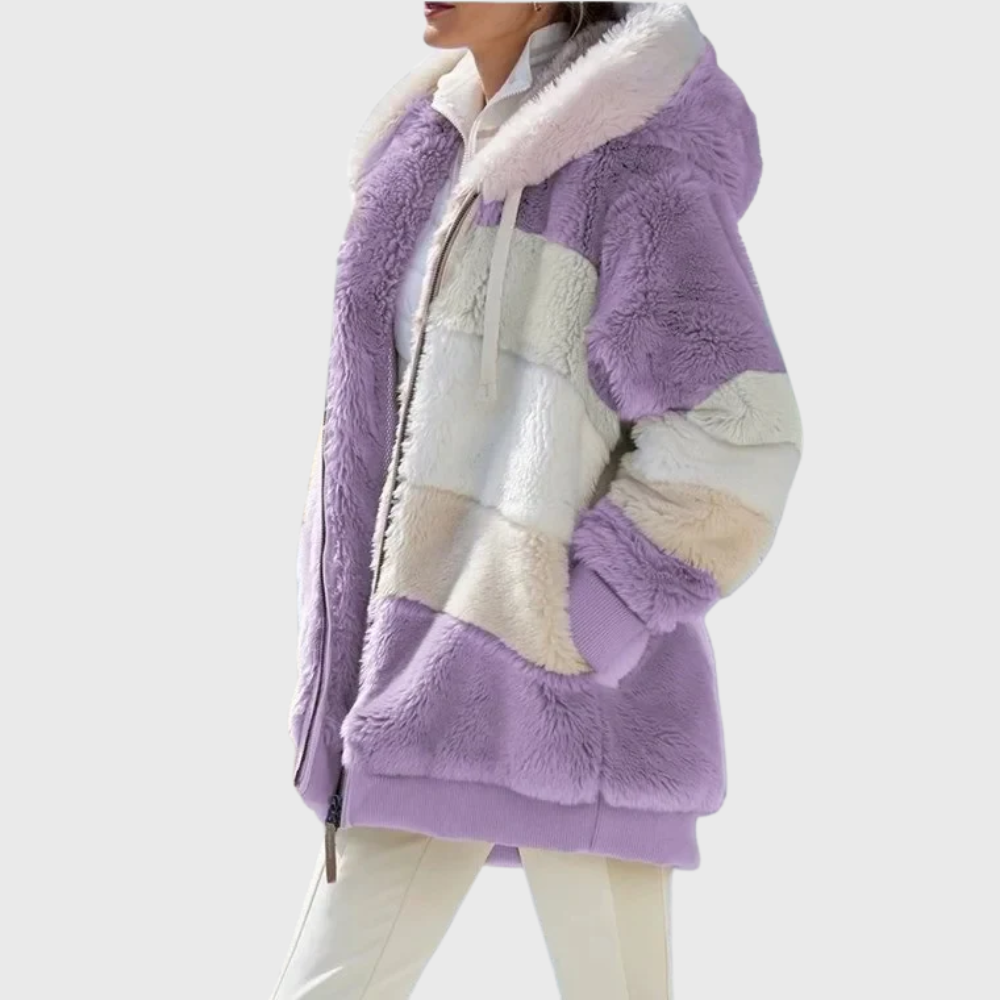Warm Women's Coats Fleece Puffer Jacket for Autumn in Purple Stripes