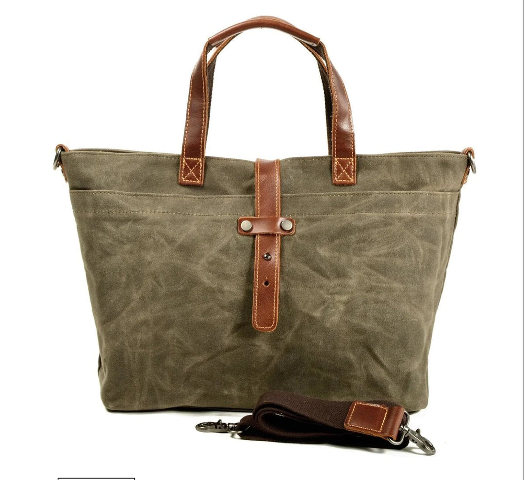 Waxed Canvas Tote Bag Leather-Trim w kolorze Sage wood