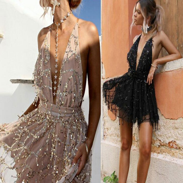 Lucy | Damska sukienka wieczorowa maxi z dekoltem halter i perłami foto 3