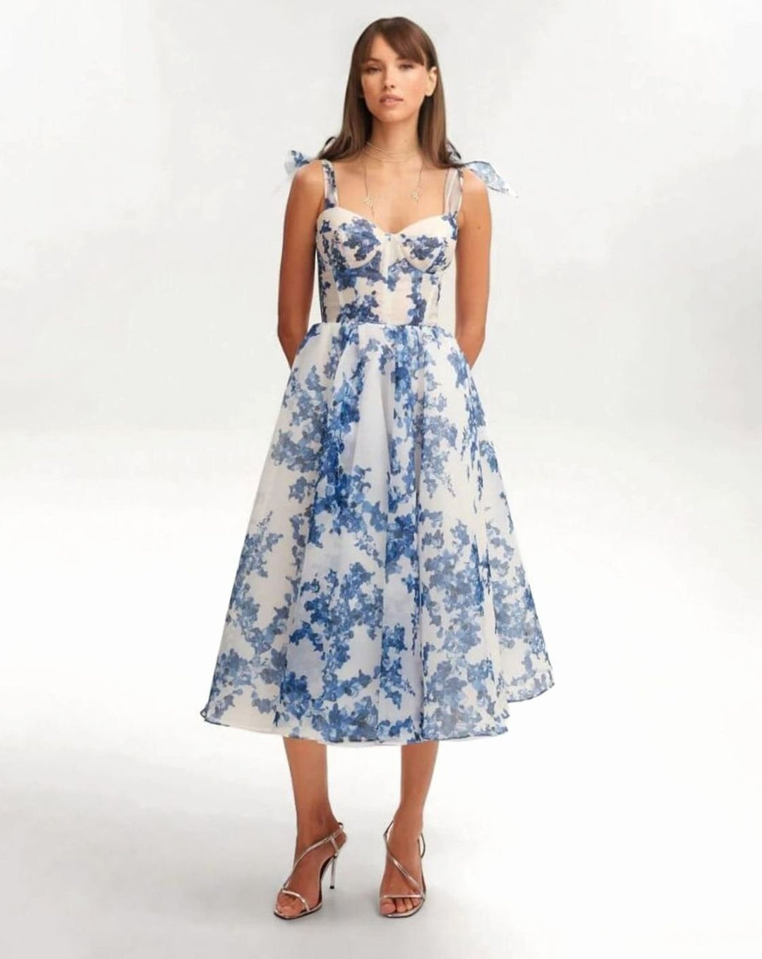 Women's A-Line Midi Corset Wedding Guest Dress in Blue
