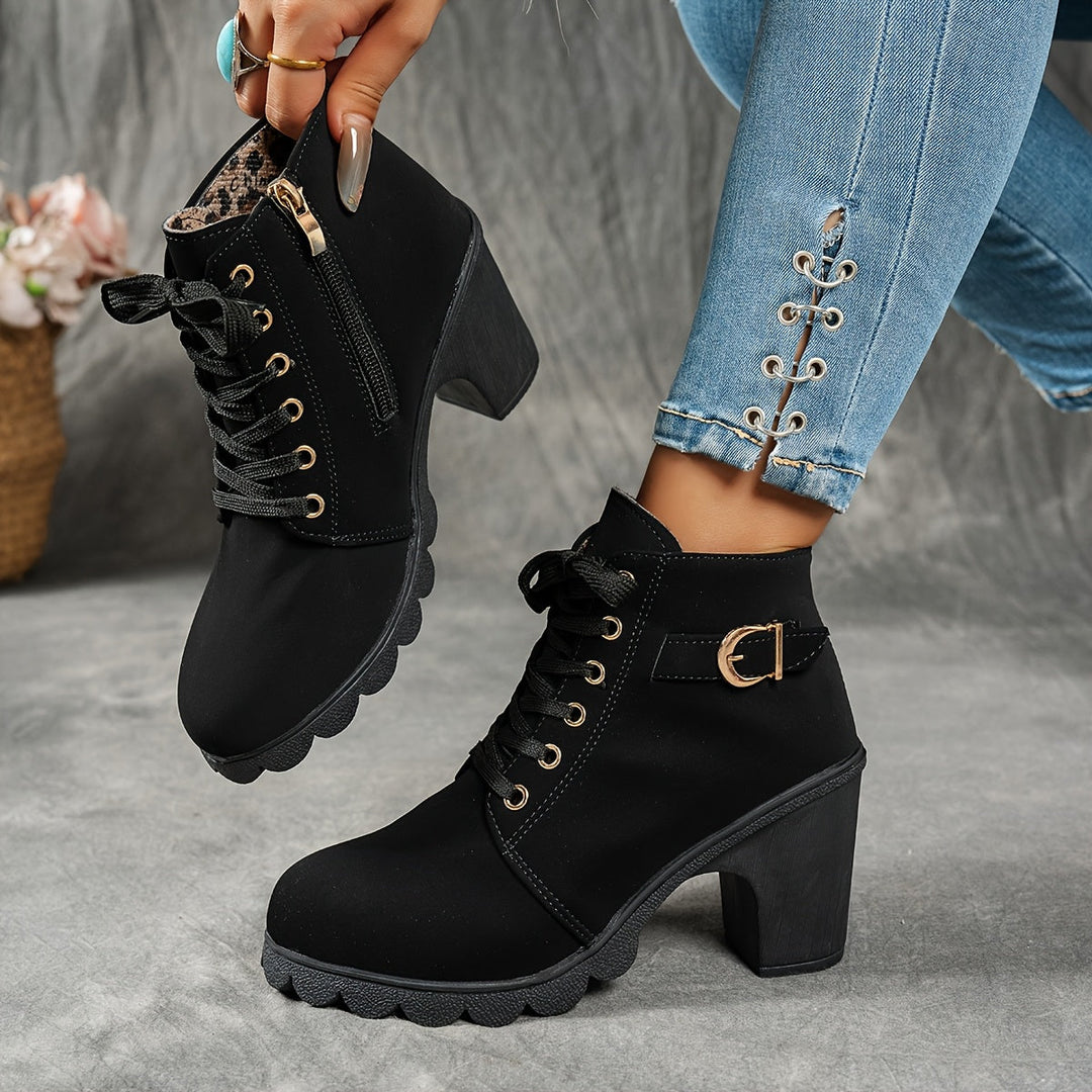 Women's Ankle Boots, Convenient Zip & Block Heel in Black