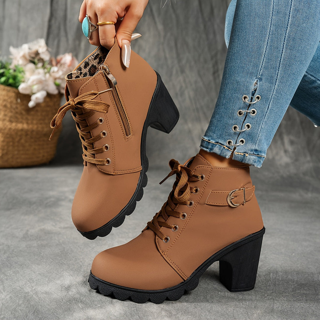 Women's Ankle Boots, Convenient Zip & Block Heel in Brown