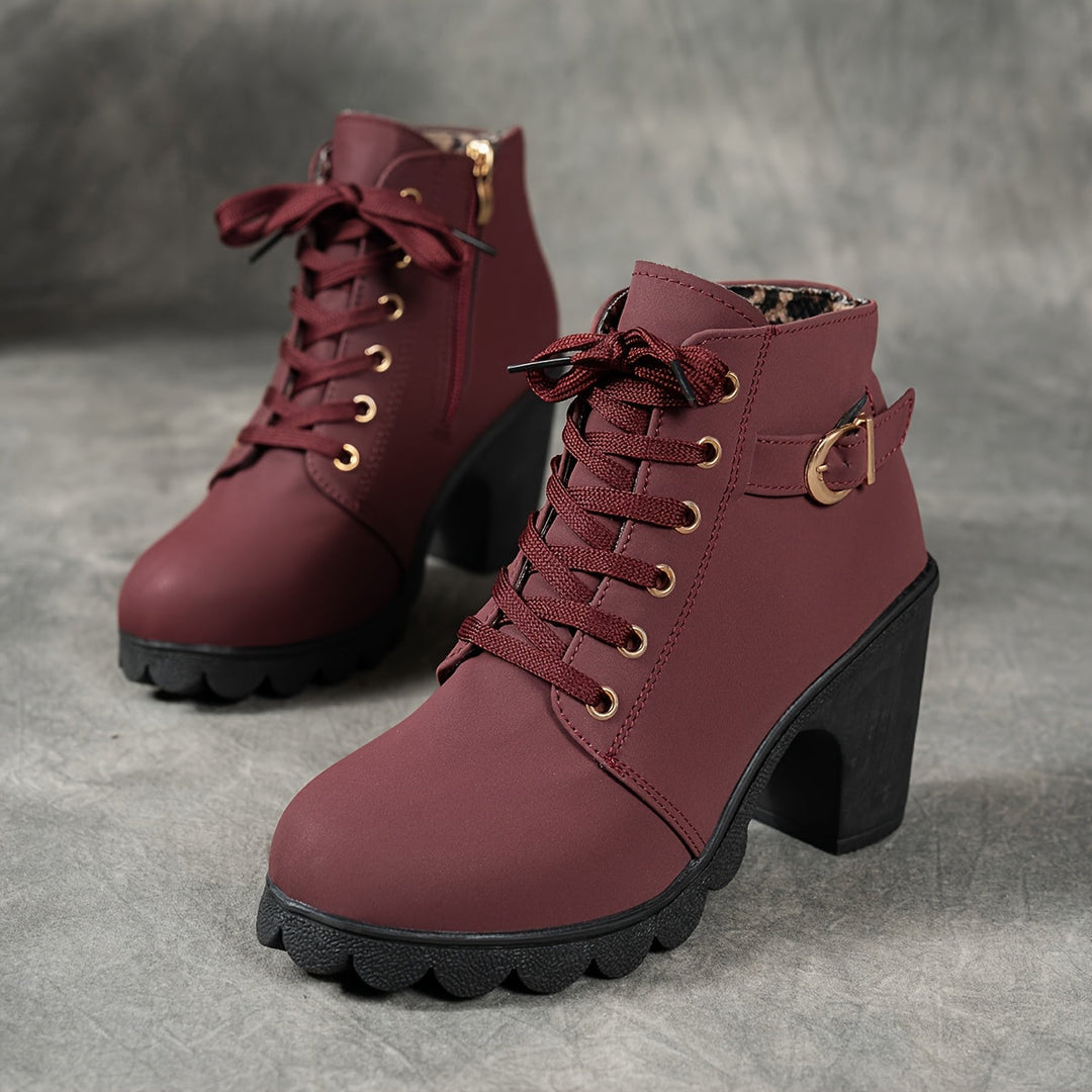 Women's Ankle Boots, Convenient Zip & Block Heel in Burgundy