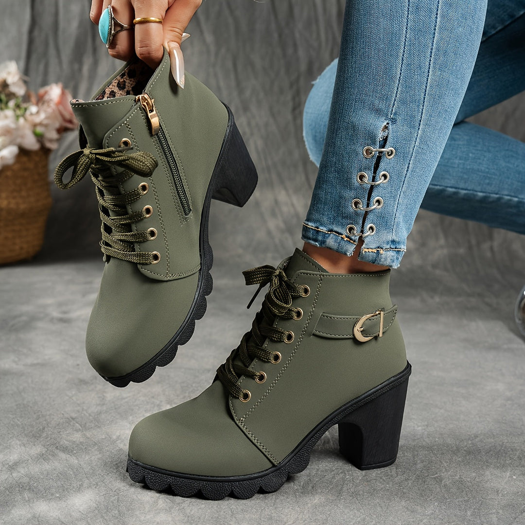Women's Ankle Boots, Convenient Zip & Block Heel in Green