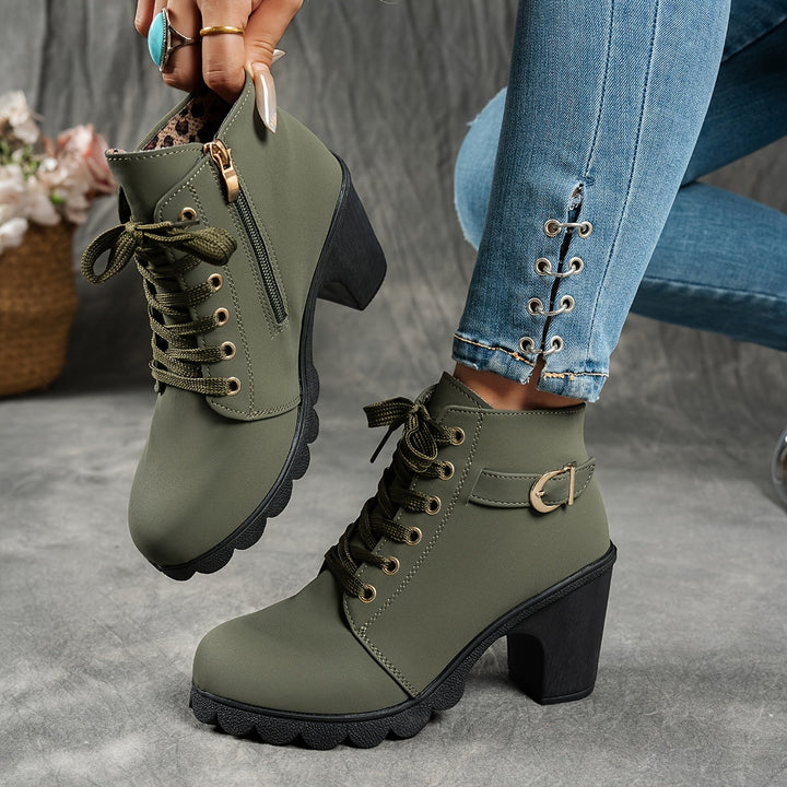 Women's Ankle Boots, Convenient Zip & Block Heel in Green