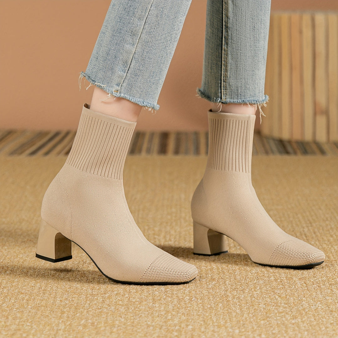 Women's Ankle Boots with Knit & Block Heel in Beige