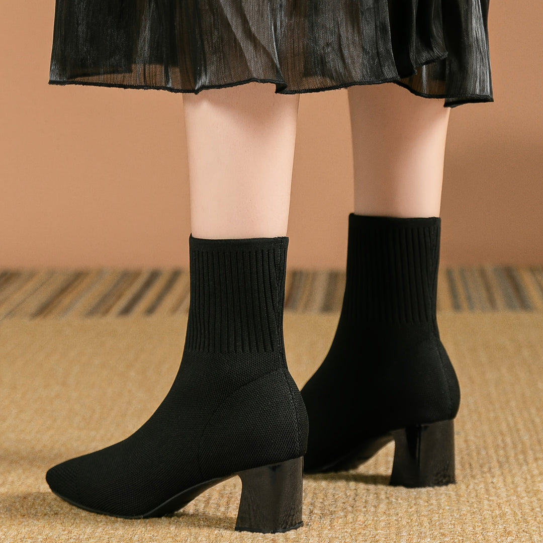 Women's Ankle Boots with Knit & Block Heel in Black
